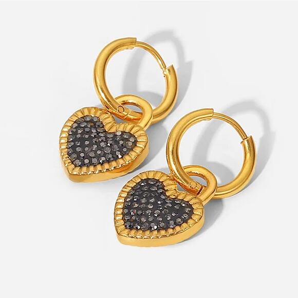 Black Heart Pendant Zircon Hoop Earrings - 18K Gold Plated Stainless Steel - Picture 3 of 5